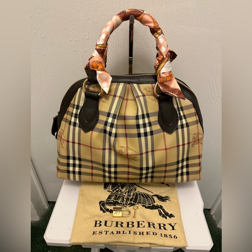 Burberry Beige Nova Check Canvas Top-Handle Bag with Brown Trim